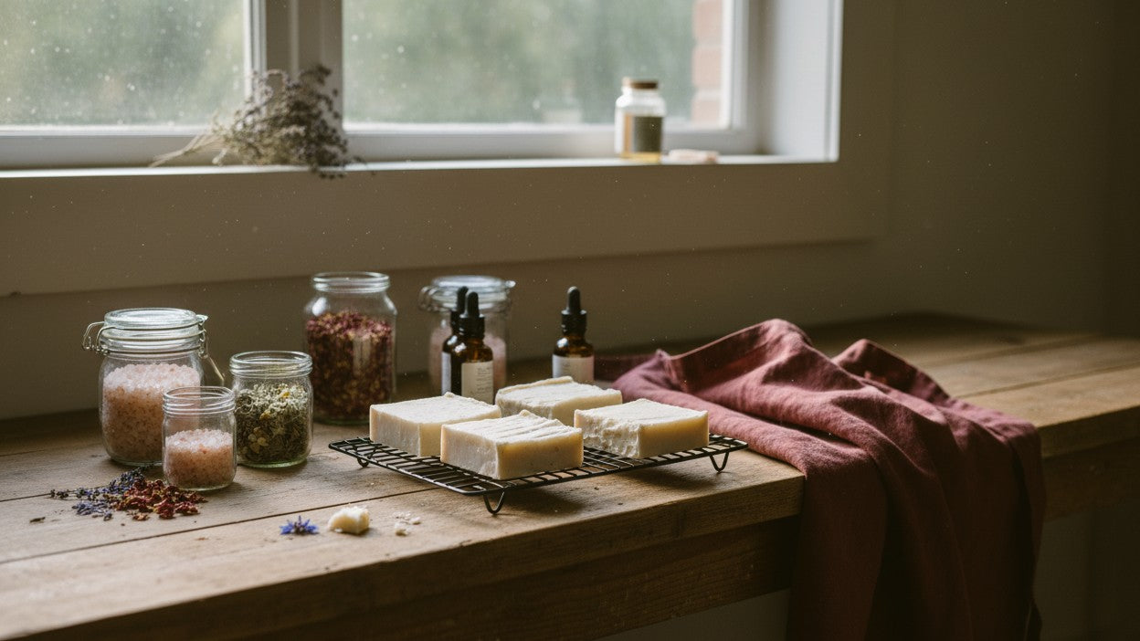 Wooden table with soap bars on a wire rack, jars of ingredients, and a pink towel in a room with a window.