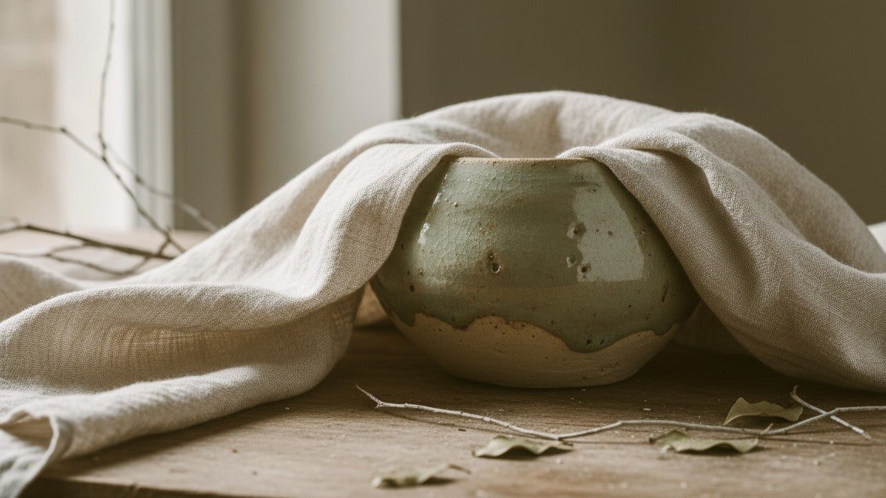 Green ceramic bowl wrapped in a white cloth on a wooden surface