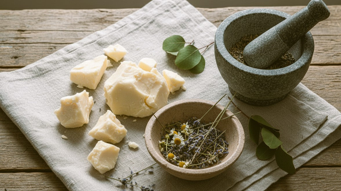 Mortar and pestle with herbs and ingredients on a wooden surface