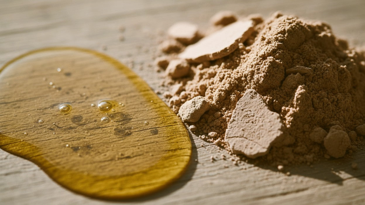 Clay and olive oil on a wooden surface with a wooden spoon