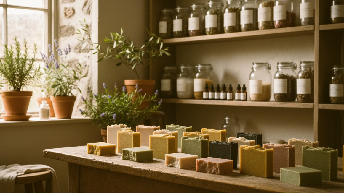 Table with various soaps and shelves with jars in a room with plants