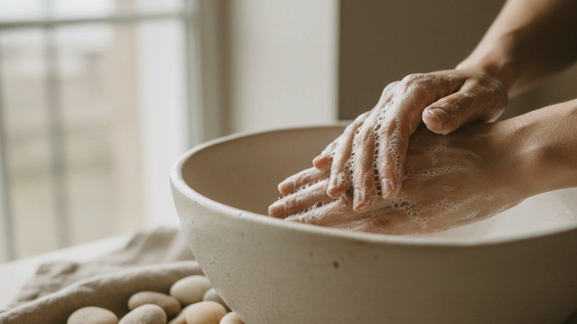 Person washing hands in a beige bowl with a blurred background