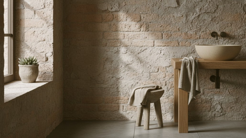 Bathroom with stone walls, wooden vanity, and a plant.