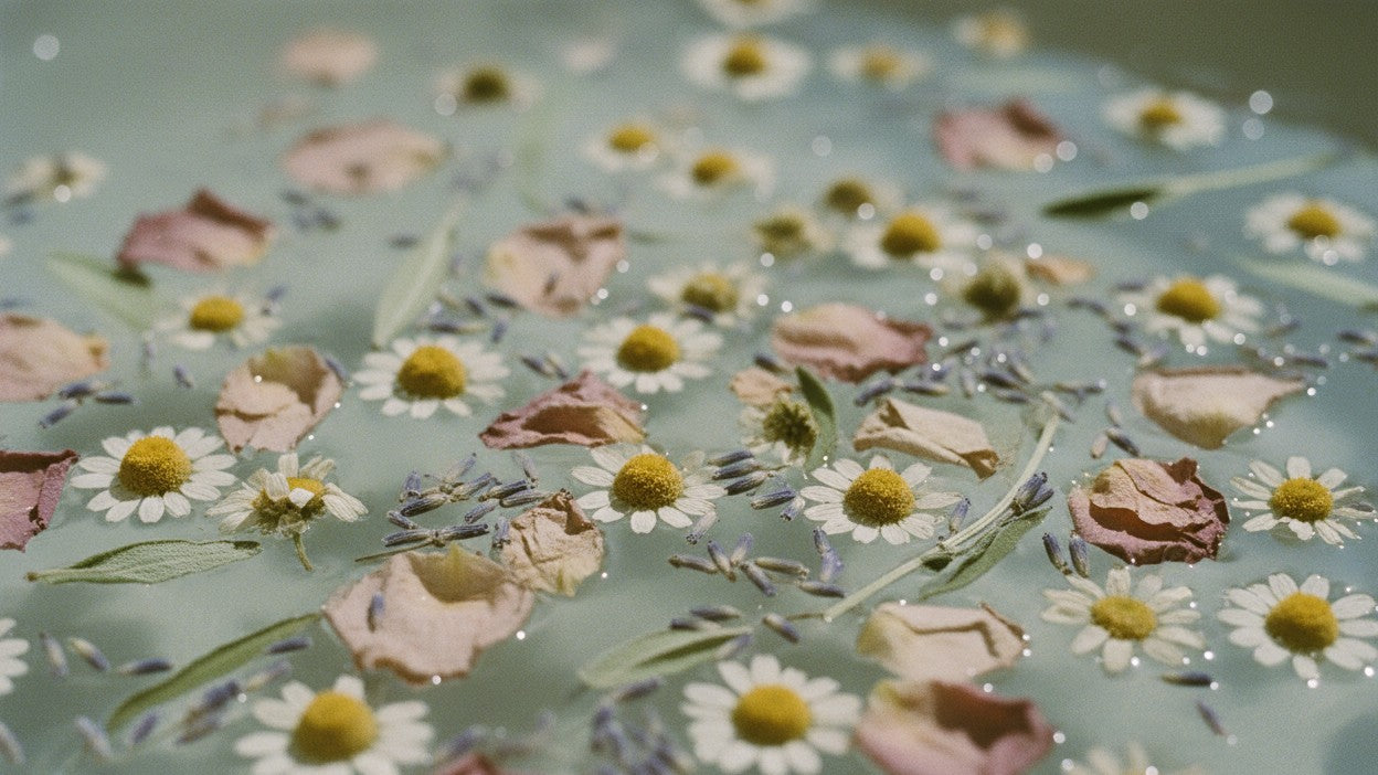 Pressed flowers and leaves on a water surface with a light blue background