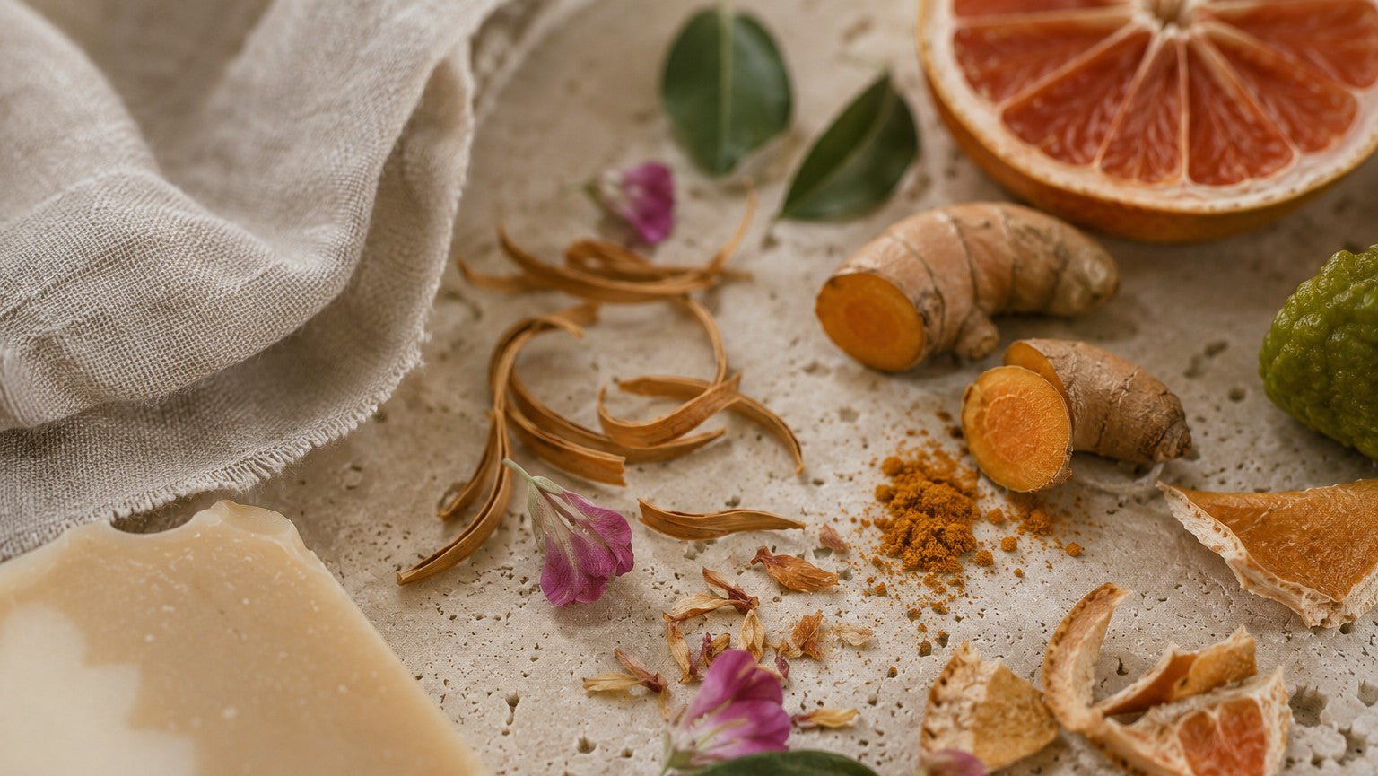 A styled flat-lay of natural skincare ingredients on a textured stone surface, featuring a bar of handmade soap, turmeric root, dried citrus peels, and a linen cloth.