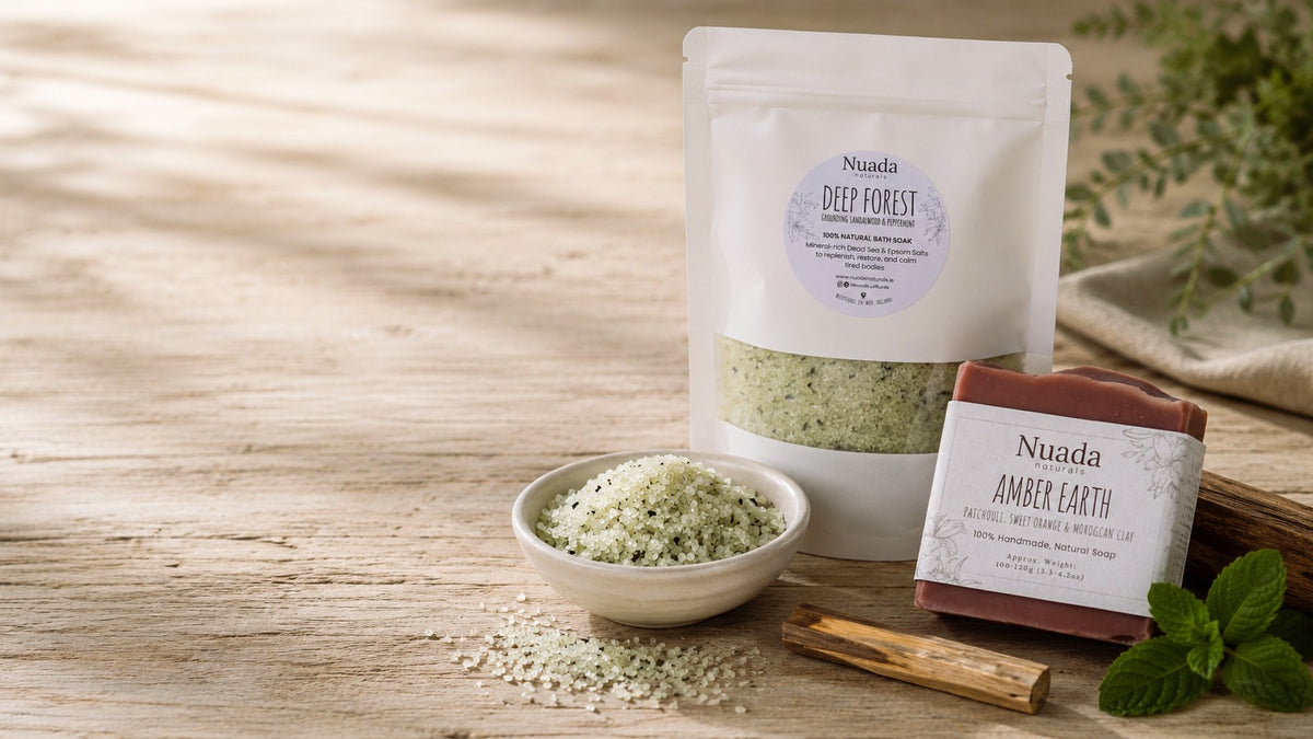A white stand-up pouch labeled Nuada Deep Forest and a bar of soap labeled Nuada Amber Earth arranged on a rustic wooden surface with a small bowl of greenish salt, cinnamon sticks, and mint leaves.