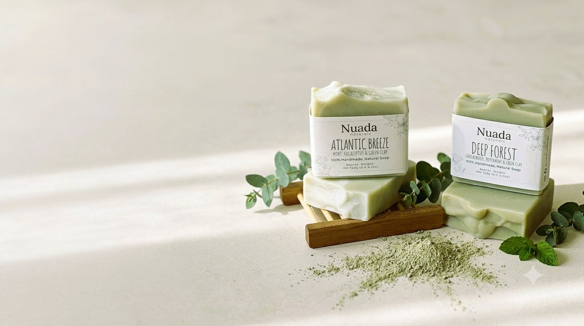 Two bars of Nuada soap, Atlantic Breeze and Deep Forest, displayed on a light beige surface with eucalyptus leaves, a cinnamon stick, and green powder scattered nearby.