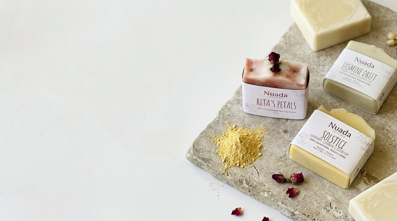 Four bars of Nuada Naturals handmade soap displayed on a grey stone slab with loose yellow powder and dried rose petals on a white background.
