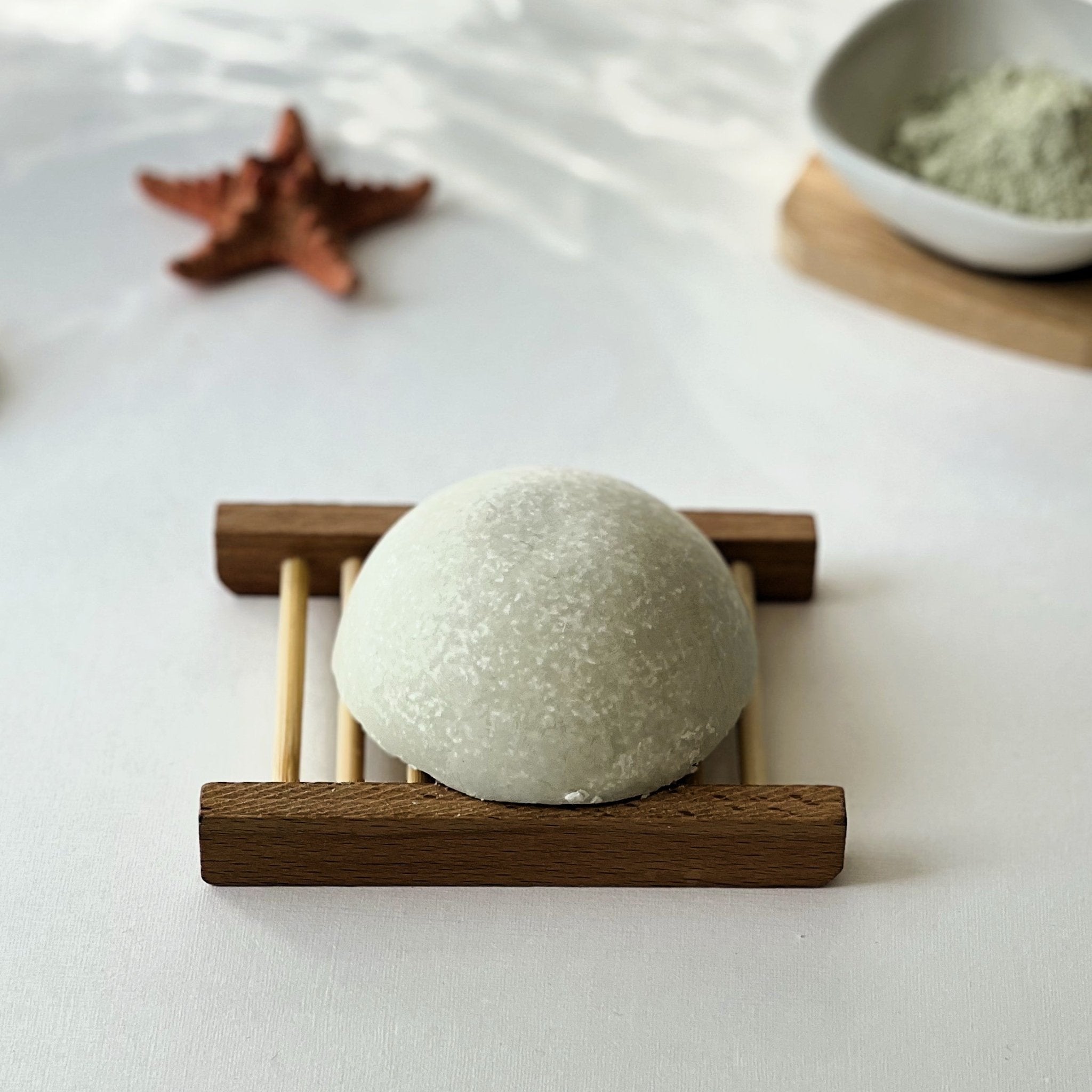 Nuada Naturals Mediterranean Mist domed green sea salt soap on wooden holder