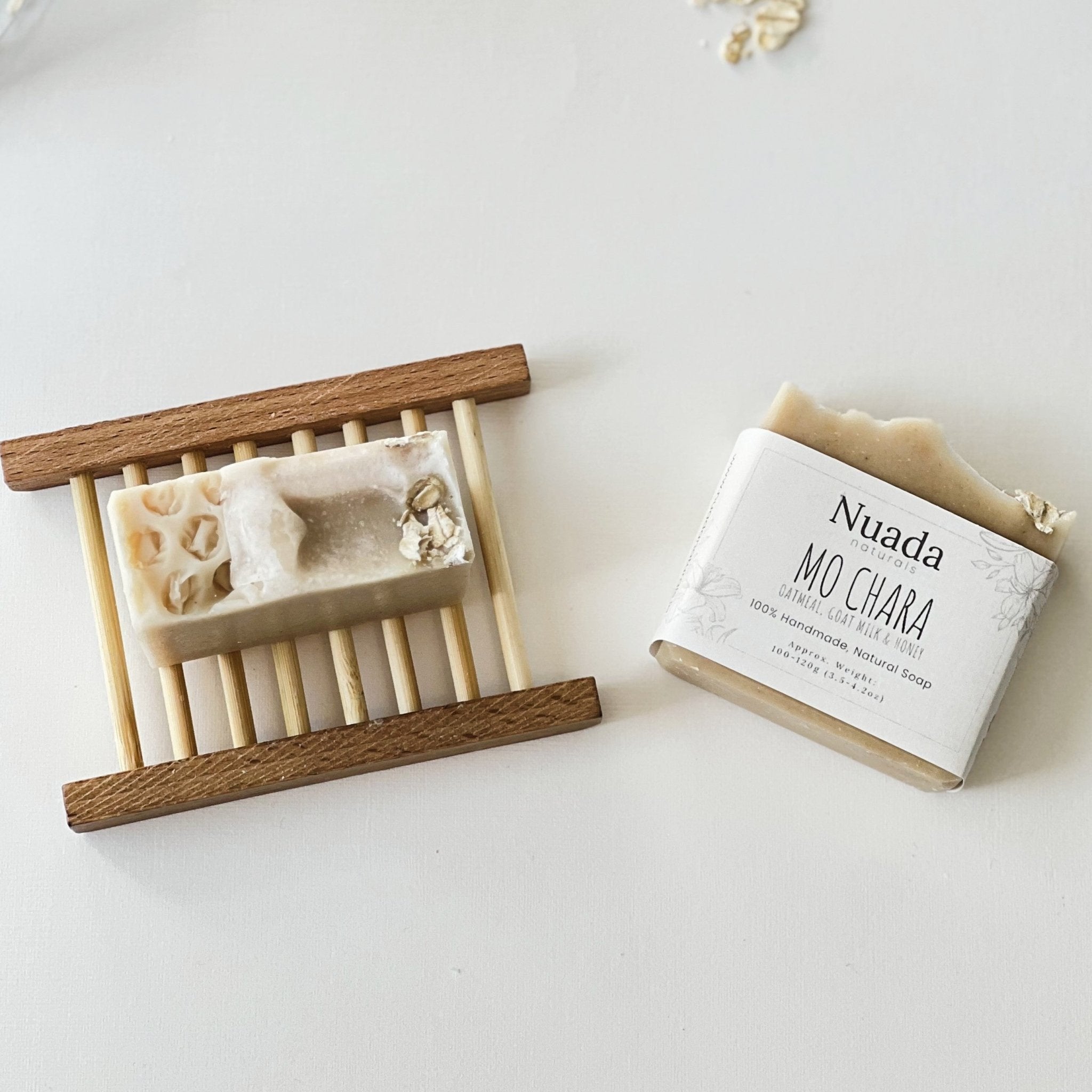 Nuada Naturals Mo Chara oatmeal, goat milk, and honey soap with branded label
