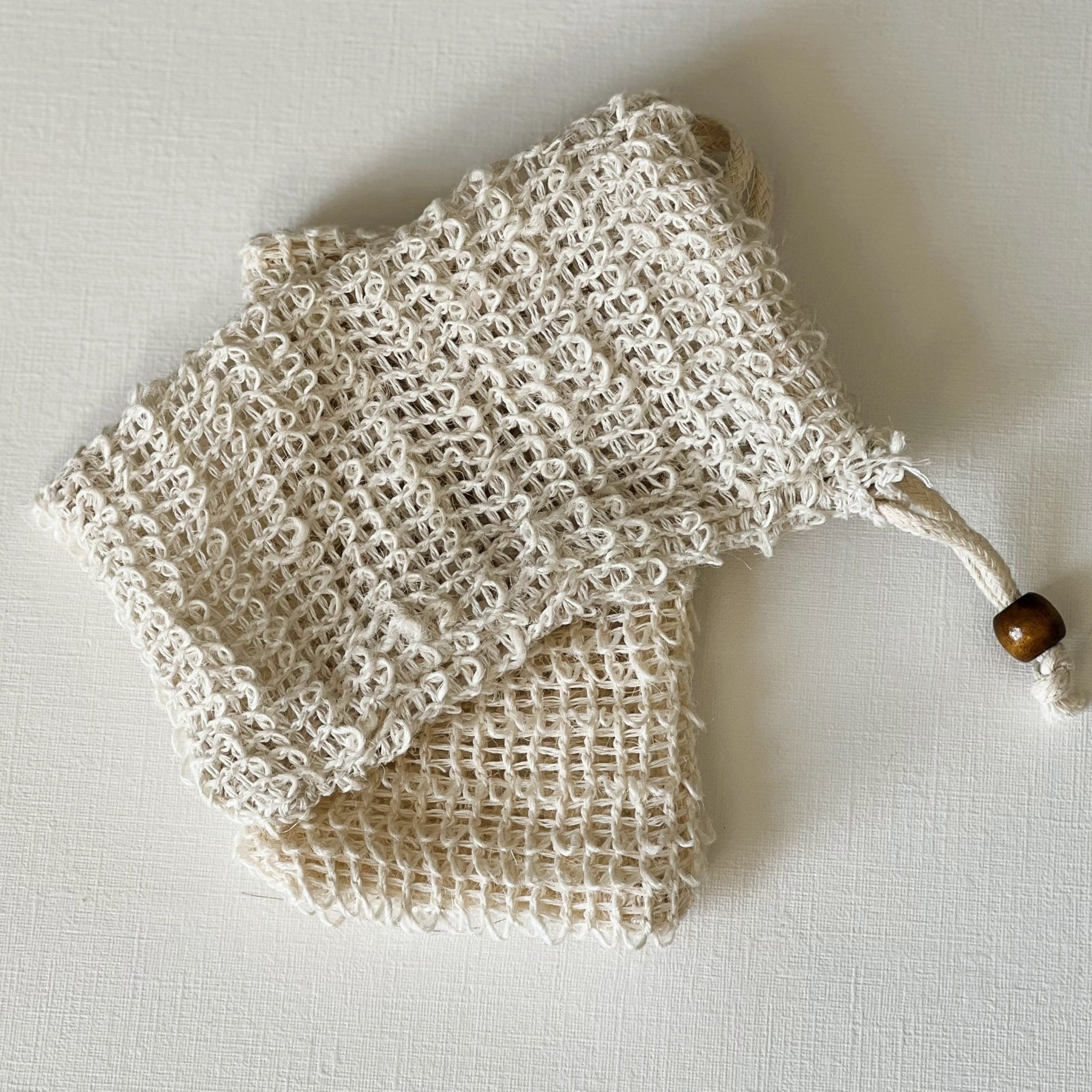 Nuada Naturals natural sisal soap saver pouch set with drawstring beads