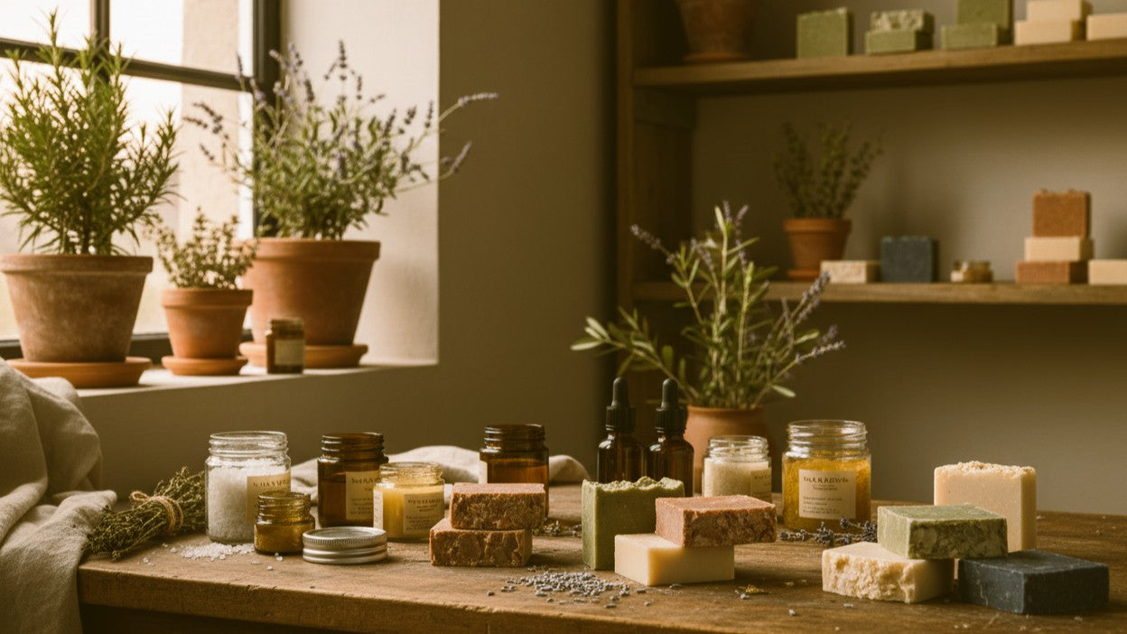 Table with skincare products and plants in a cosy indoor setting