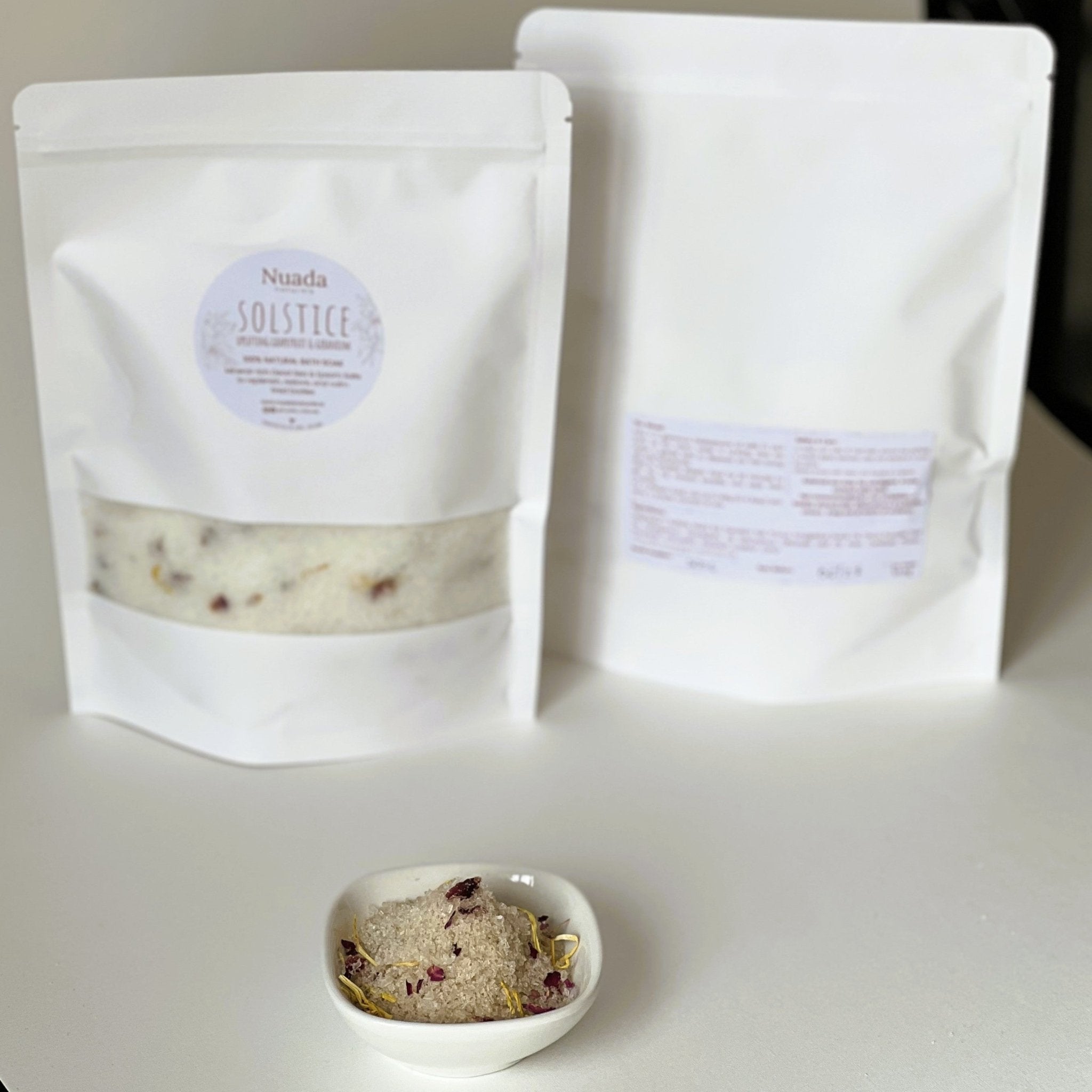 Nuada Naturals Solstice uplifting grapefruit and geranium bath soak pouches